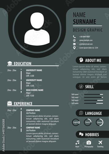 Professional CV - Resume Template. Modern Design. Black and White Color Background. A4 Paper Size. Editable Vector. Suitable for Job Application
