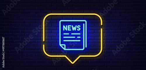 Neon light speech bubble. Fake news line icon. Propaganda conspiracy newspaper sign. Wrong truth symbol. Neon light background. Fake news glow line. Brick wall banner. Vector