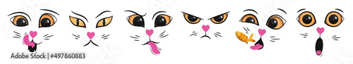 Vector set of funny cat face emotions isolated on white background.