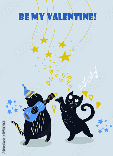 Illustration Be my Valentine, a couple of cats, one cat plays the guitar, ukulele, the second cat dances, stars, hearts, vector, invitation card.