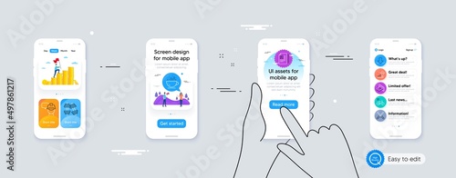 Set of Coffee cup, Download and Bicycle parking line icons. Phone ui interface. Include Winner, Dumbbells, Screwdriverl icons. Cash, Foreman, Cv documents web elements. For web, application. Vector