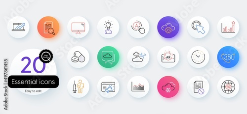 Simple set of Augmented reality, Computer and Medical drugs line icons. Include Money diagram, 5g internet, Education icons. Seo marketing, Time management, Efficacy web elements. Vector