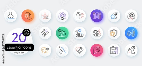 Covid Test line icons. Bicolor outline web elements. Nasal swab, Blood testing, Waiting time. Social Distance, Hand Sanitizer, Rapid Antigen Test icons. Coronavirus protection, Pneumonia virus. Vector