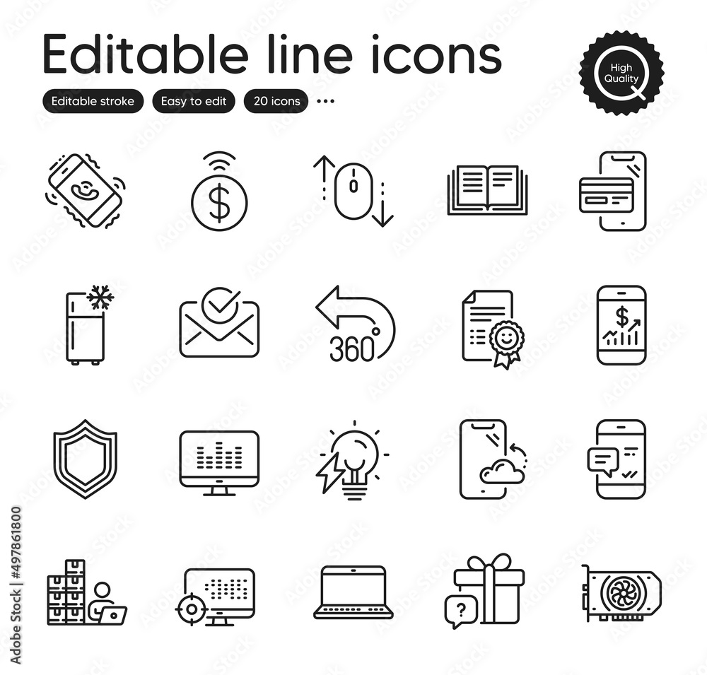 Set of Technology outline icons. Contains icons as Smile, Contactless payment and Gpu elements. Call center, Education, 360 degrees web signs. Secret gift, Smartphone notification. Vector Set of Technology outline icons. Contains icons as Smile, Contactless payment and Gpu elements. Call center, Education, 360 degrees web signs. Secret gift, Smartphone notification. Vector