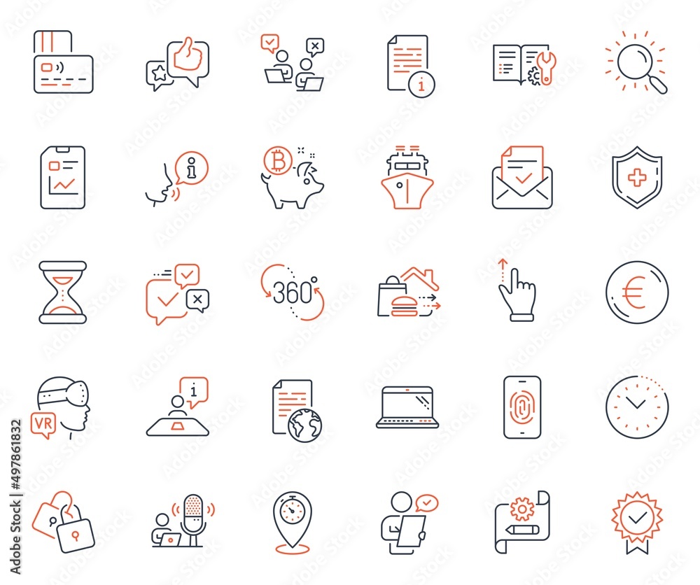 Technology icons set. Included icon as Customer survey, Timer and Food delivery web elements. Locks, Medical shield, Augmented reality icons. Engineering documentation, Search. Vector