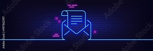 Neon light glow effect. Mail newsletter line icon. Read Message correspondence sign. E-mail symbol. 3d line neon glow icon. Brick wall banner. Mail newsletter outline. Vector