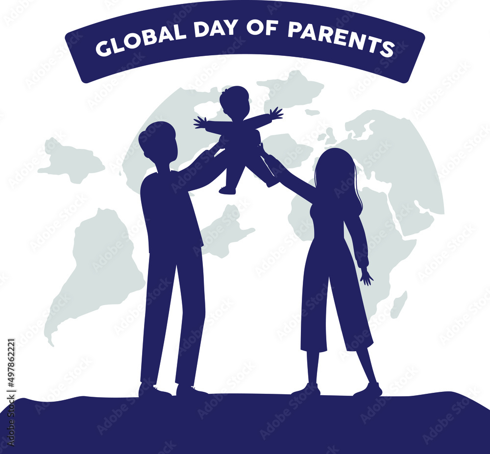 Silhouette family play with child. Happy Global Day of Parents. Earth map Background. Flat vector illustrations. Silhouette family play with child. Happy Global Day of Parents. Earth map Background. Flat vector illustrations.