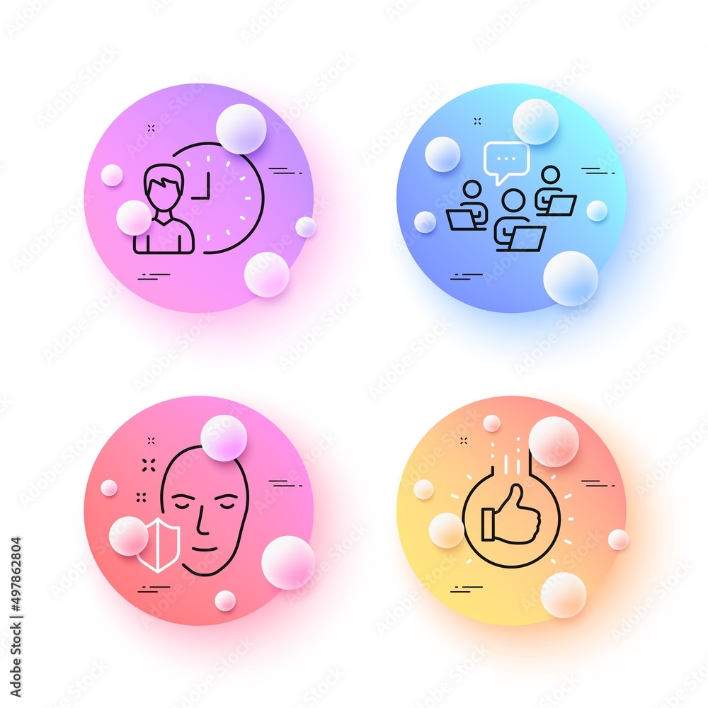 Face protection, Like hand and Working hours minimal line icons. 3d spheres or balls buttons. Teamwork icons. For web, application, printing. Secure access, Thumbs up, Project deadline. Vector Face protection, Like hand and Working hours minimal line icons. 3d spheres or balls buttons. Teamwork icons. For web, application, printing. Secure access, Thumbs up, Project deadline. Vector