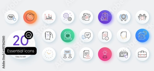Simple set of Survey results, Technical documentation and Manual line icons. Include Inspect, Check article, Winner ribbon icons. Education, Recovery file, Portfolio web elements. Vector