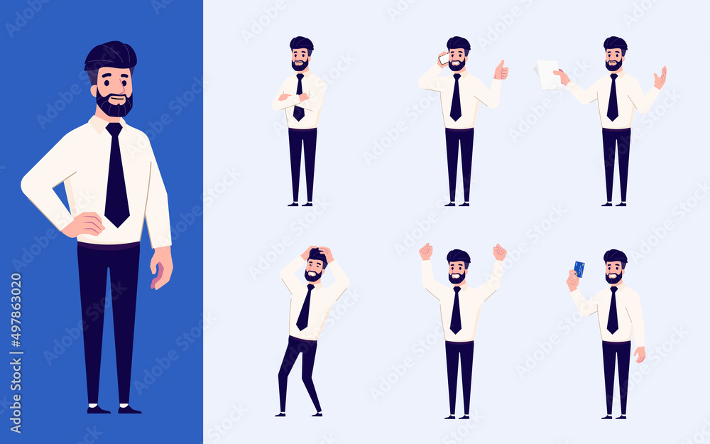 Set of Flat design businessman in many gesture isolated on white background. Business people in different pose in workplace. Character with separate body part for easy to animate in animation program. Set of Flat design businessman in many gesture isolated on white background. Business people in different pose in workplace. Character with separate body part for easy to animate in animation program.