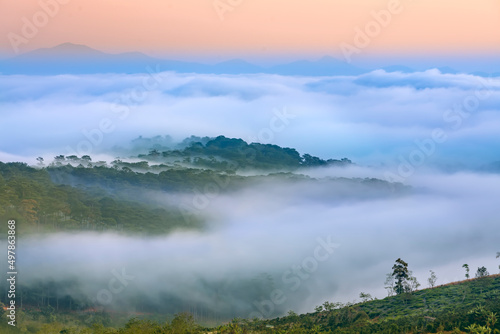 New morning scene on top hill looking down with fog covering valley and peaceful sunrise sky background in Da Lat highland, Vietnam © huythoai