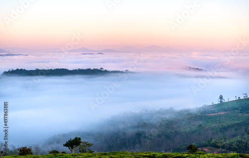 New morning scene on top hill looking down with fog covering valley and peaceful sunrise sky background in Da Lat highland  Vietnam