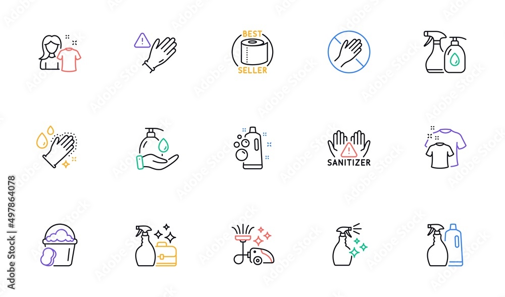 Cleaning liquids, Clean hands and Dont touch line icons for website, printing. Collection of Use gloves, Clean shirt, Toilet paper icons. Sponge, Cleanser spray, Washing hands web elements. Vector