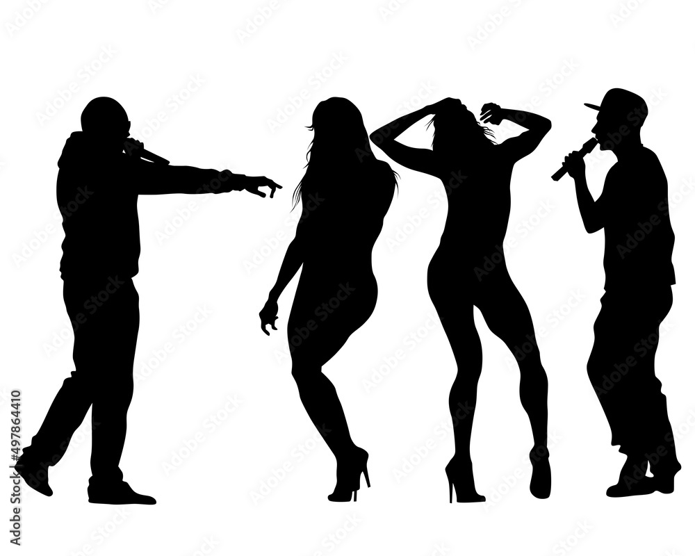 Hip hop artists in trendy colorful clothes. Isolated silhouettes of people on white background
