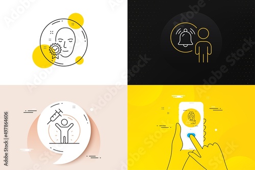Minimal set of Nurse, Face verified and Vaccine protection line icons. Phone screen, Quote banners. User notification icons. For web development. Medical mask, Access granted, Vaccination. Vector