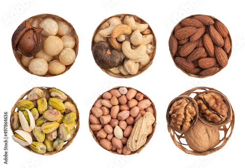 Nuts such as walnuts and others isolated on white background with clipping path.top view.
