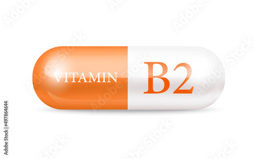 Capsule vitamin B2 structure orange and white. Beauty concept. Personal care. 3D Vector Illustration. transparent capsule pill. Drug business concept. Vitamin complex with chemical formula.
