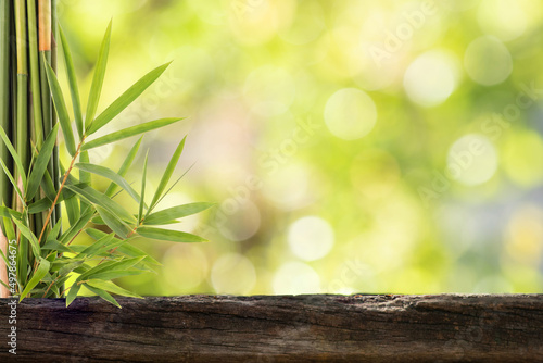 Old wood floor and bamboo green leaves on bokeh nature background.