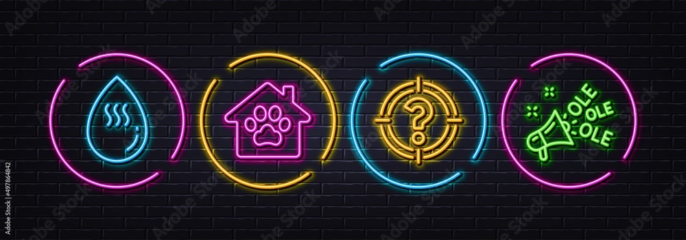 Pet shelter, Hot water and Headhunter minimal line icons. Neon laser 3d lights. Ole chant icons. For web, application, printing. Dog house, Aqua drop, Aim with question mark. Megaphone. Vector