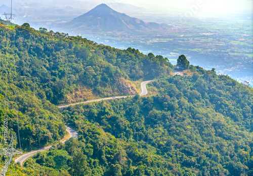 Vászonkép Traffic on a treacherous pass from above, connecting Ninh Thuan and Lam Dong pro