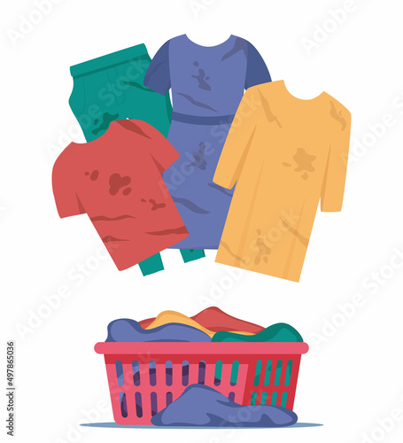 Dirty clothes with stains. Apparel heap with stains in basket, different cotton t-shirts, dresses, trousers, blouses. Vector illustration.