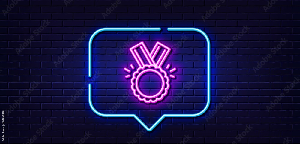 Neon light speech bubble. Award Medal line icon. Winner achievement symbol. Glory or Honor sign. Neon light background. Honor glow line. Brick wall banner. Vector Neon light speech bubble. Award Medal line icon. Winner achievement symbol. Glory or Honor sign. Neon light background. Honor glow line. Brick wall banner. Vector