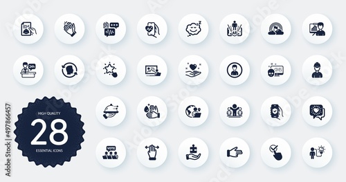 Set of People icons, such as Photo studio, Lgbt and Technical documentation flat icons. Winner, Puzzle, Hold heart web elements. Outsource work, Foreman, Clapping hands signs. Circle buttons. Vector