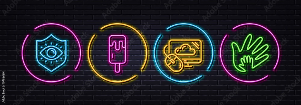Cloud computing, Eye protection and Ice cream minimal line icons. Neon laser 3d lights. Social responsibility icons. For web, application, printing. Computer storage, Optometry, Sundae stick. Vector