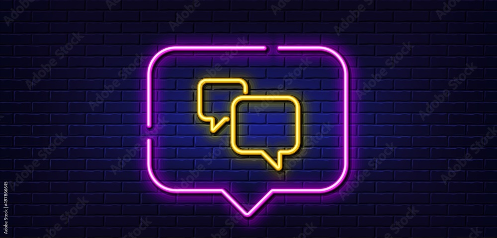 Neon light speech bubble. Speech bubble line icon. Chat sign. Social media message symbol. Neon light background. Speech bubble glow line. Brick wall banner. Vector Neon light speech bubble. Speech bubble line icon. Chat sign. Social media message symbol. Neon light background. Speech bubble glow line. Brick wall banner. Vector