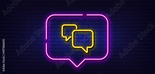 Neon light speech bubble. Speech bubble line icon. Chat sign. Social media message symbol. Neon light background. Speech bubble glow line. Brick wall banner. Vector