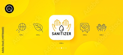 Basketball, Hand sanitizer and Medical drugs minimal line icons. Yellow abstract background. Fair trade, Leaf icons. For web, application, printing. Sport ball, Hygiene care, Medicine pills. Vector