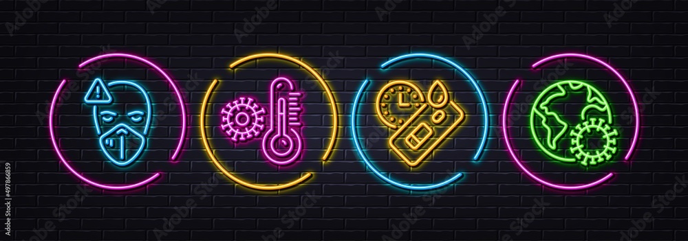 Medical mask, Covid test and Thermometer minimal line icons. Neon laser 3d lights. Coronavirus icons. For web, application, printing. Face respirator, Express testing, Covid temperature. Vector