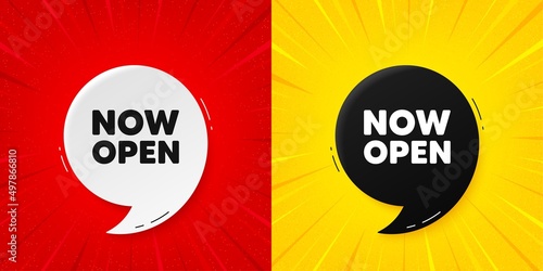 Now open tag. Flash offer banner with quote. Promotion new business sign. Welcome advertising symbol. Starburst beam banner. Now open speech bubble. Vector