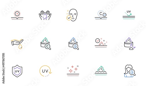 Skin care line icons. Collagen, Cream, Serum oil and Skincare. Face sun lotion gel, Uv protection, vitamin E icons. Face skin care cream protection. Linear set. Bicolor outline web elements. Vector
