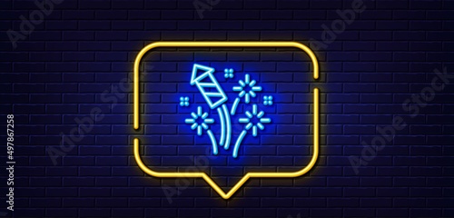 Neon light speech bubble. Fireworks rocket line icon. Pyrotechnic salute sign. Carnival celebration lights symbol. Neon light background. Fireworks rocket glow line. Brick wall banner. Vector