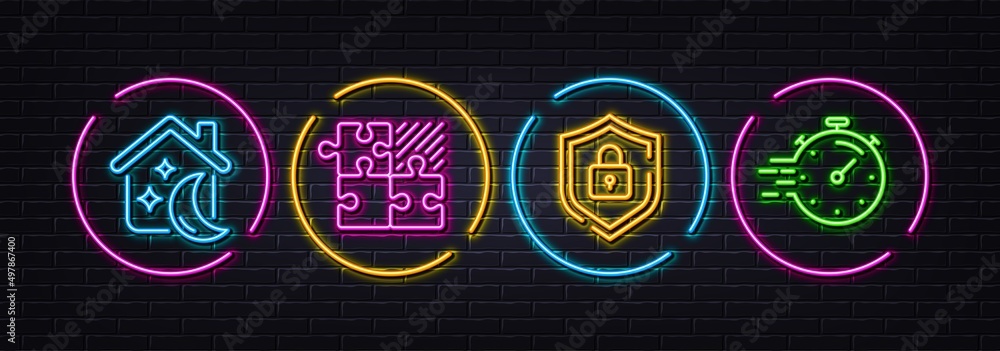 Puzzle game, Sleep and Shield minimal line icons. Neon laser 3d lights. Timer icons. For web, application, printing. Jigsaw combination, Sleeping house, Secure lock. Deadline management. Vector