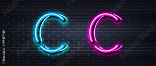 Initial letter C icon. Neon light line effect. Line typography character sign. Large first font letter. Glowing neon light element. Letter C glow 3d line. Brick wall banner. Vector