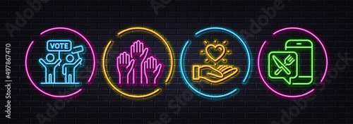 Voting campaign, Hold heart and Voting hands minimal line icons. Neon laser 3d lights. Food app icons. For web, application, printing. People rally, Love brand, Candidate vote. Meal order. Vector