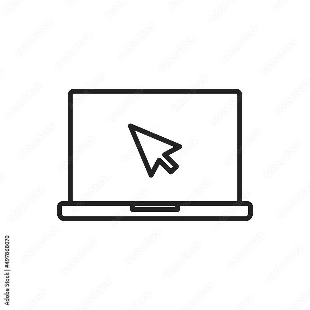 Laptop with mouse on the screen thin line icon. Linear symbol. Vector illustration..