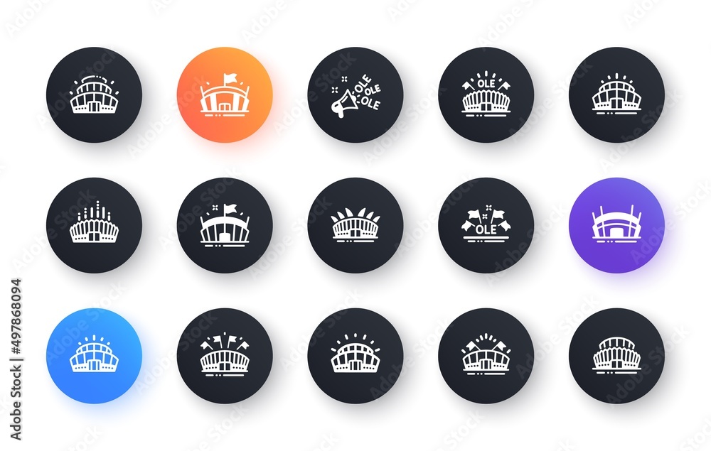 Sports stadium icons. Ole chant, arena football, championship architecture. Arena stadium, sports competition, event flag icons. Sport complex Classic set. Circle web buttons. Vector