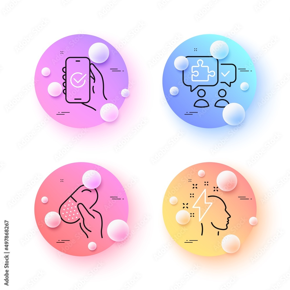 Approved app, Puzzle and Brainstorming minimal line icons. 3d spheres or balls buttons. Capsule pill icons. For web, application, printing. Confirm smartphone, Jigsaw chat, Lightning bolt. Vector