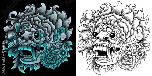 barong balinese mask vector illustration in neon color style