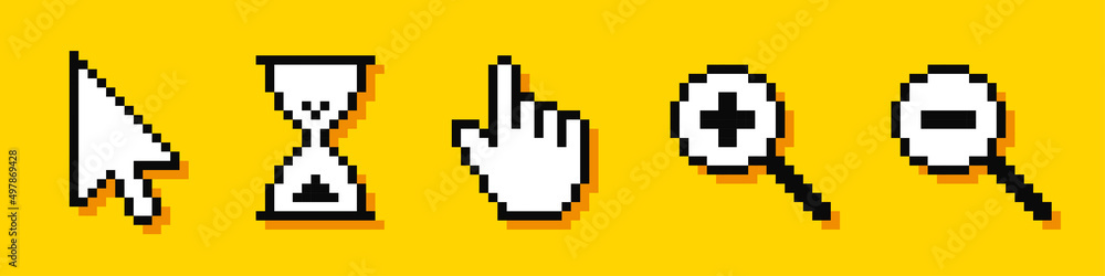 Set of pixel cursors. Cursor pointers. Arrow, hourglass, hand and magnifier. Computer mouse. 8-bit. Video game style. Vector illustration Set of pixel cursors. Cursor pointers. Arrow, hourglass, hand and magnifier. Computer mouse. 8-bit. Video game style. Vector illustration