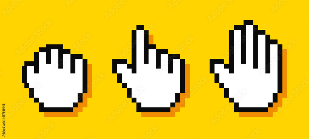 Pixel cursors. Cursor hand pointers. Computer mouse. 8-bit. Video game style. Vector illustration Pixel cursors. Cursor hand pointers. Computer mouse. 8-bit. Video game style. Vector illustration
