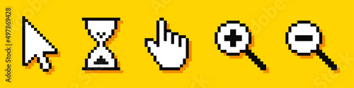 Set of pixel cursors. Cursor pointers. Arrow, hourglass, hand and magnifier. Computer mouse. 8-bit. Video game style. Vector illustration