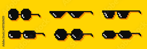 Pixel glasses. Meme. Bandit hit points. 8-bit. Video game style. Vector illustration