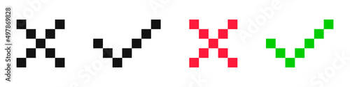Pixel check mark and cross. Yes and no buttons. 8-bit Video game style. Vector illustration