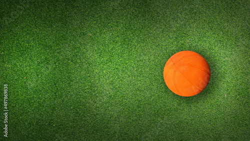 orange ball on green field  orange ball on ground.