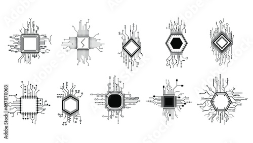 Set Abstract Collection Black Simple Line Cpu  Computer  Technology Doodle Outline Element Vector Design Style Sketch Isolated On White Background Illustration