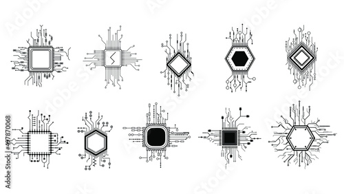 Set Abstract Collection Black Simple Line Cpu, Computer, Technology Doodle Outline Element Vector Design Style Sketch Isolated On White Background Illustration
